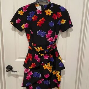 Vintage Scaasi Silk Dress 1990s Black Floral Mini Dress with Tiers Belted Sz 4P